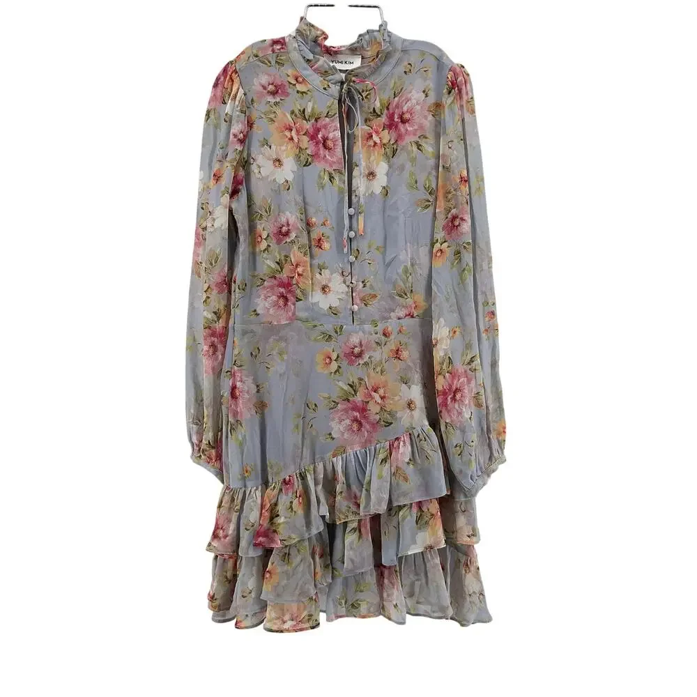 Yumi Kim Floral Ruffle Mini Dress in Light Gray and Pink - Picture 2 of 6
